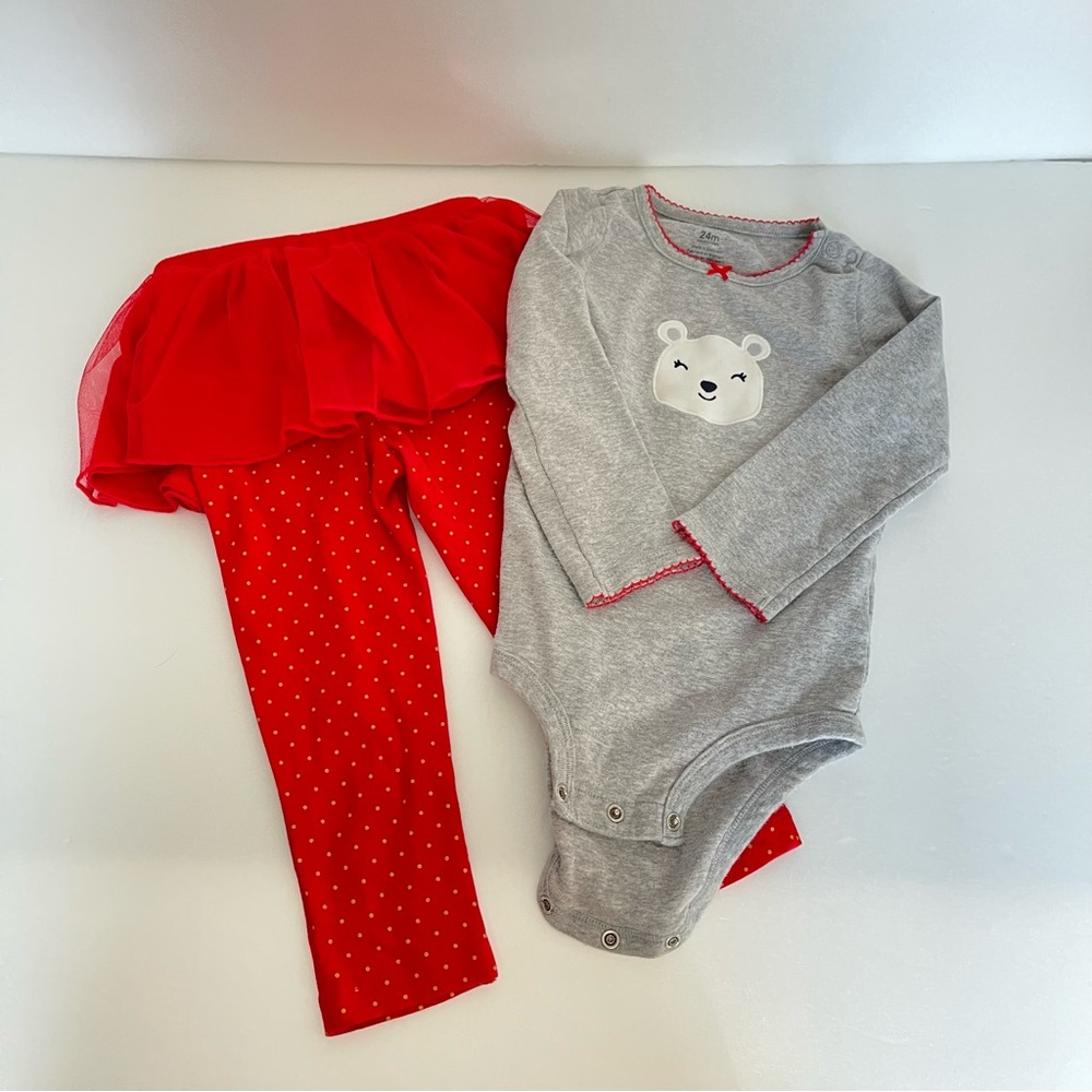 Carter's Red Casual Holiday Christmas Tutu Polar Bear Onsie Outfit Set- 24M